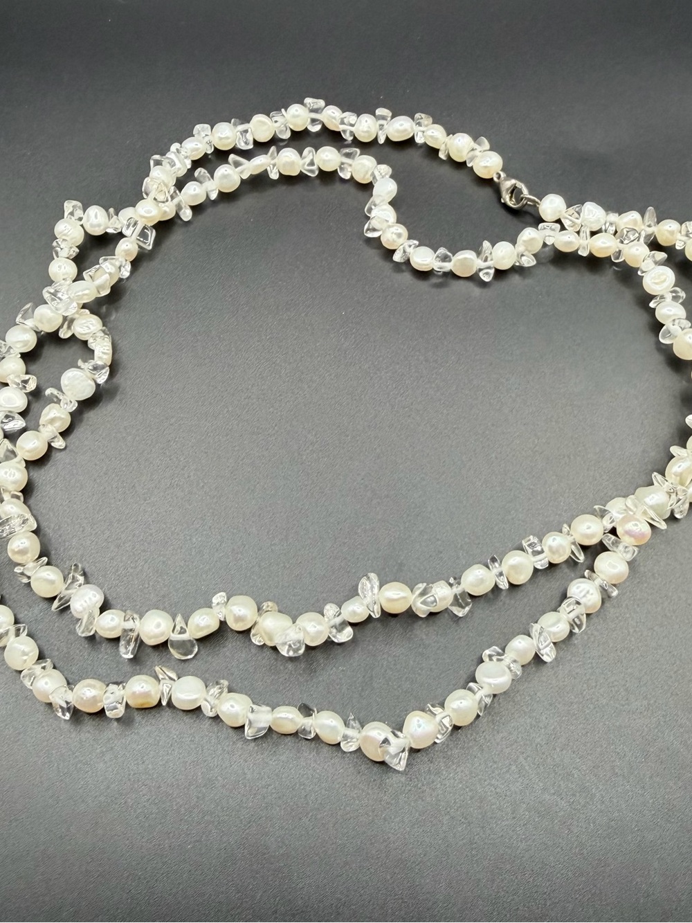 Vintage 925 Sterling Silver Clear Crystal Quartz Pearl Necklace 34 IN Womens